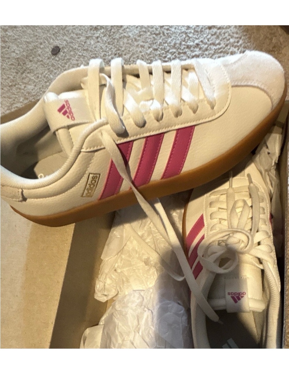 Adidas Women’s Cream Sneakers with Pink Stripes